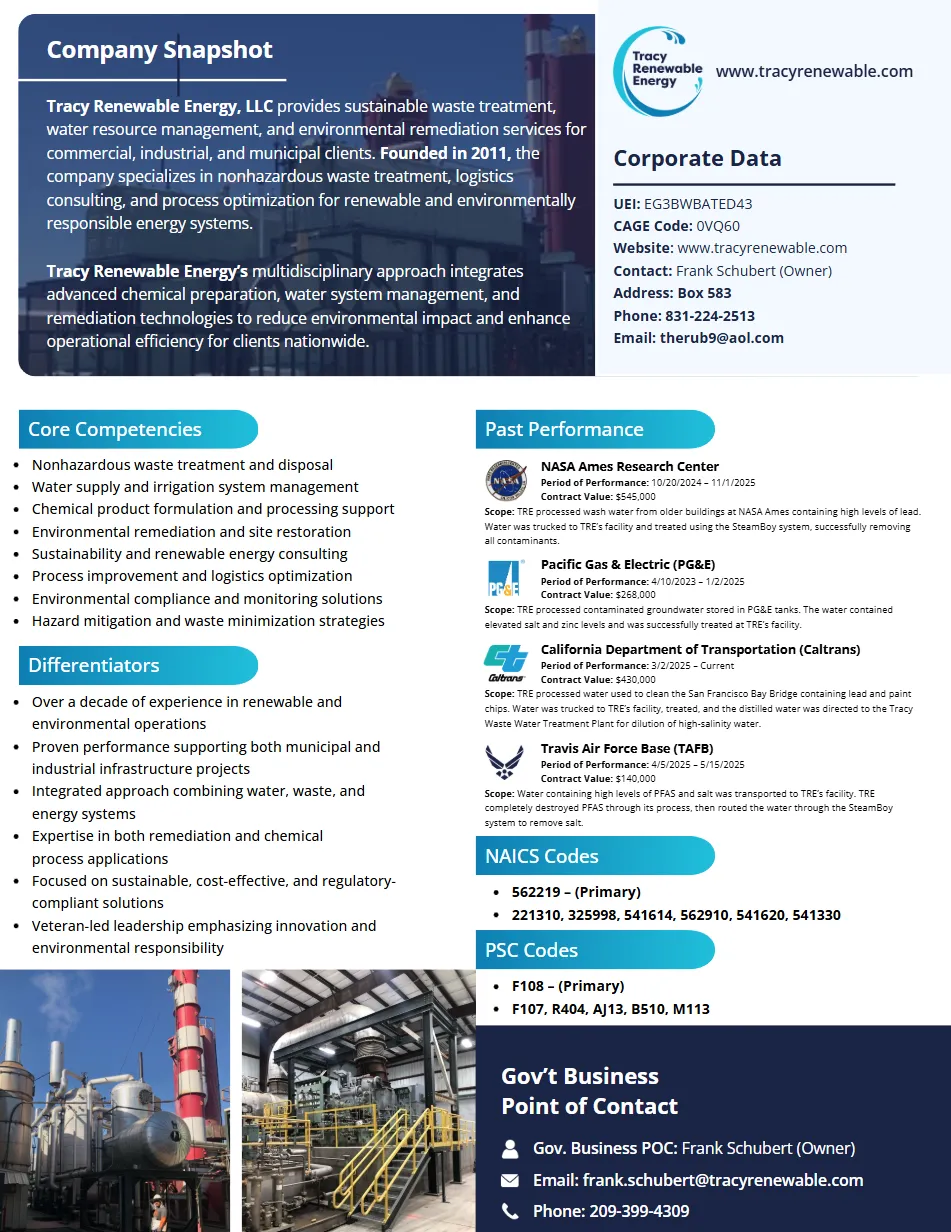 Tracy Renewable Energy capability statement, enlarged